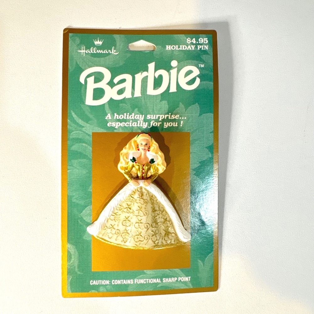 Vintage 1996 Hallmark Barbie Holiday Pin Gold White Gown Collectible XLP3544